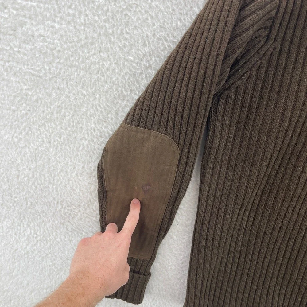 LL Bean Sweater Mens M Olive Greeen Lambs Wool Commando Ribbed Elbow Patch Gorp